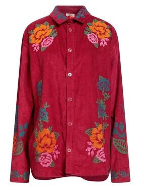 Farm Rio Tropical Embroidered Burgundy Corduroy Button-Up Shirt size XS NWT